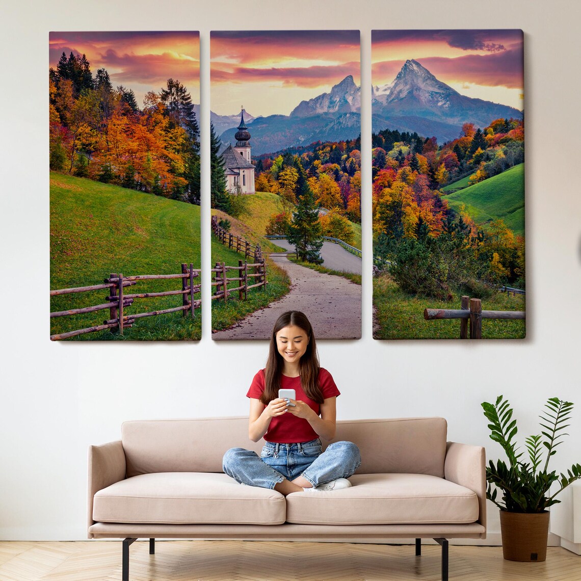Alpine Mountain Village Church Autumn Sunset Path Scenic Travel Poster - Image 2