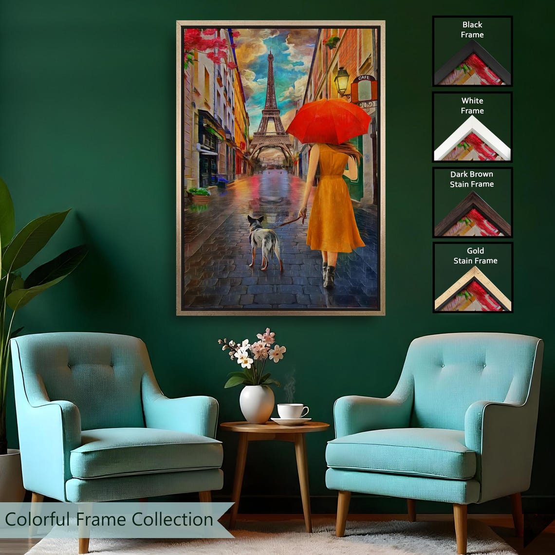 Woman Red Umbrella Dog Rainy Eiffel Tower Paris Street Travel Poster - Image 2