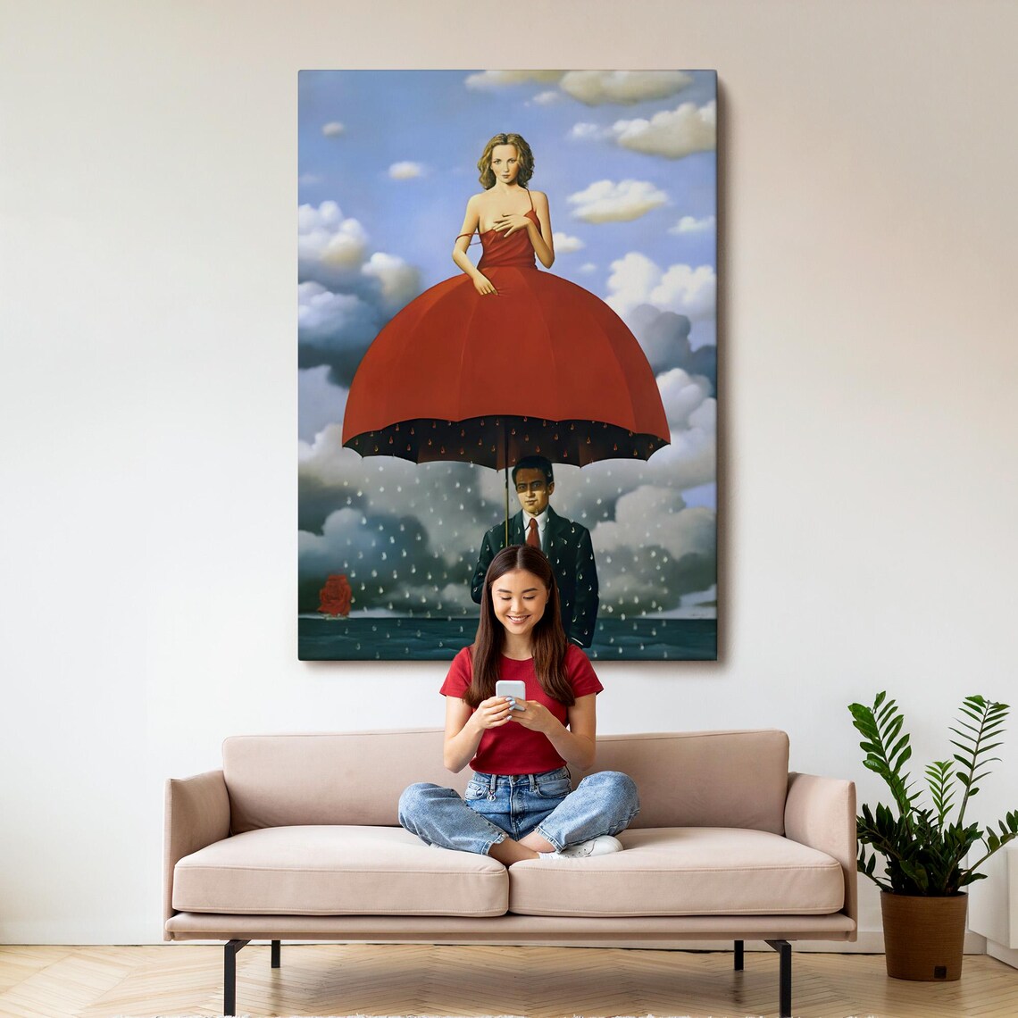 Surreal Woman Umbrella Dress Businessman Rain Dreamlike Canvas Wall Art - Image 3