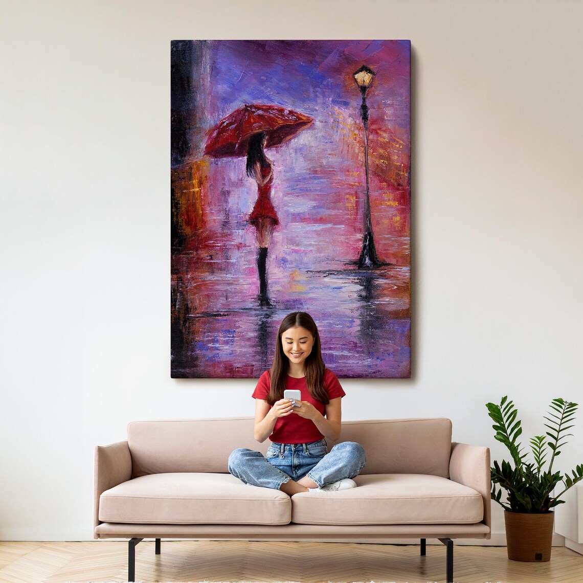 Woman with Red Umbrella Rainy Night Street Lamp Painting Poster - Image 3