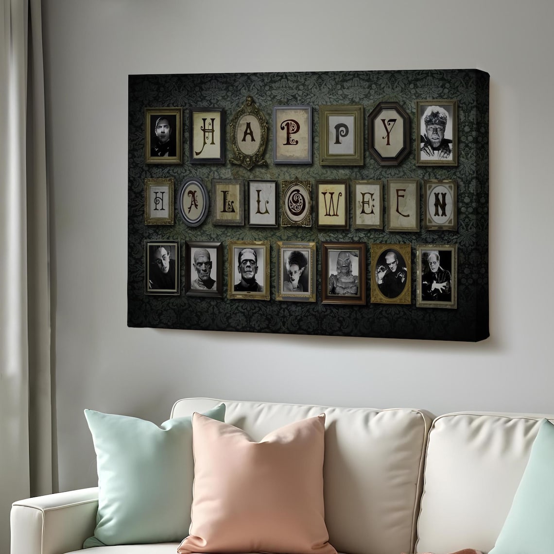 Vintage Happy Halloween Letter Frames Horror Movie Monsters Art Poster