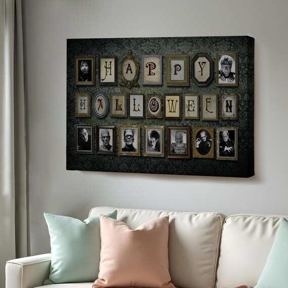 Vintage Happy Halloween Letter Frames Horror Movie Monsters Art Poster