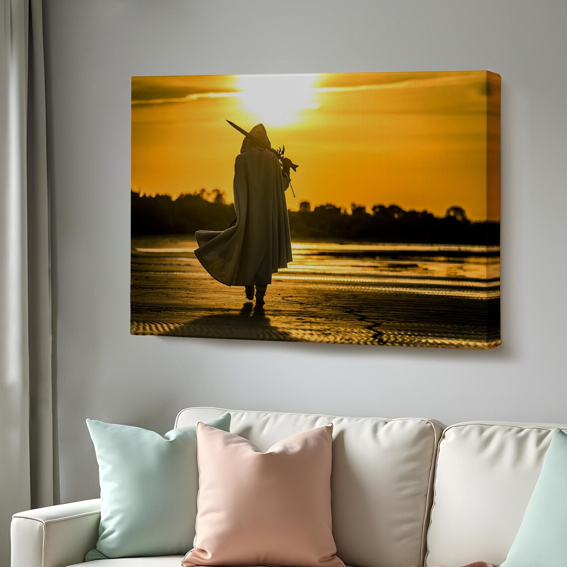 Hooded Figure Beach Golden Sunset Cloak Silhouette Fantasy Poster