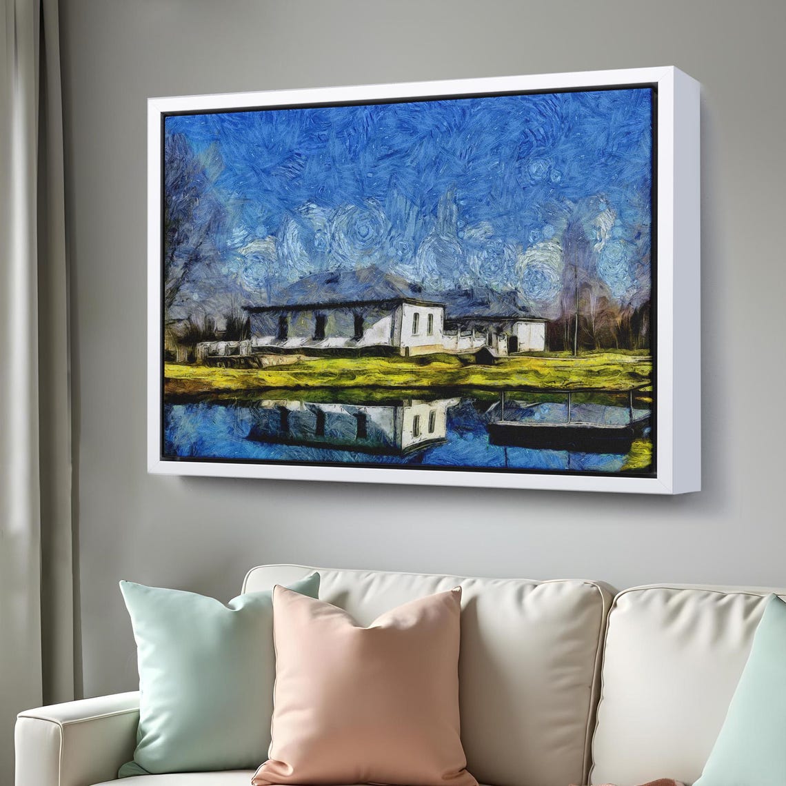 Lakeside Village White Houses Mirror Reflection Blue Sky Poster - Image 3