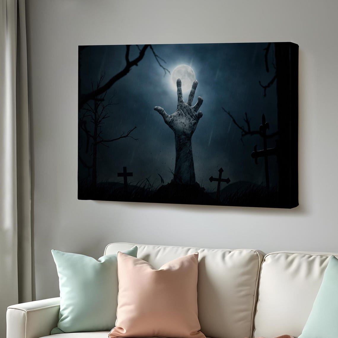 Zombie Hand Rising From Grave Moonlit Cemetery Halloween Art Poster