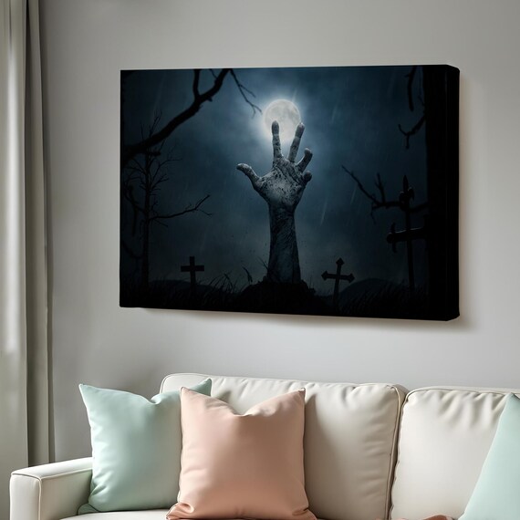 Zombie Hand Rising From Grave Moonlit Cemetery Halloween Art Poster