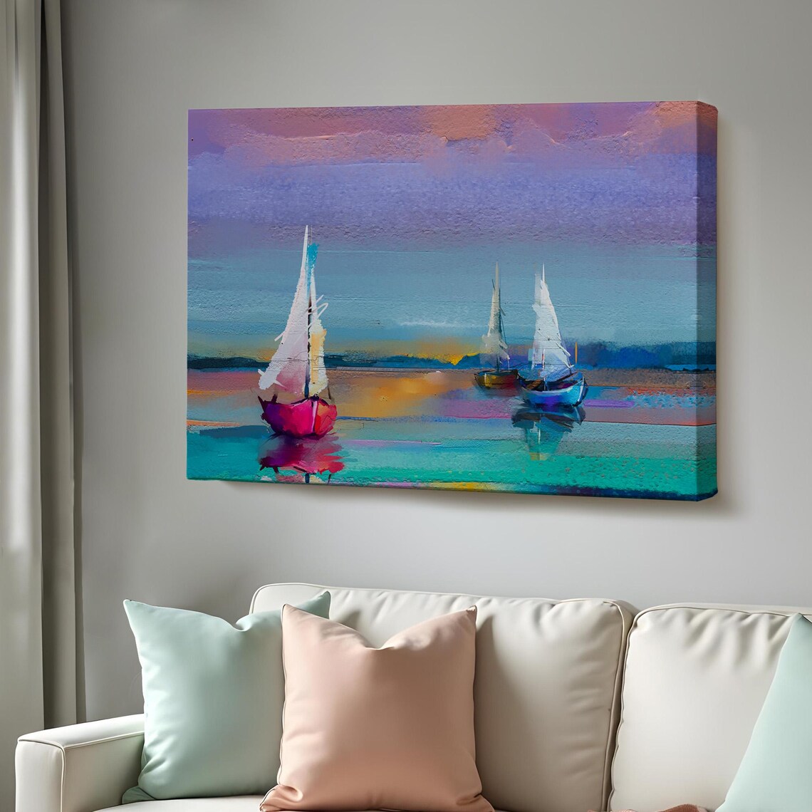 Turquoise Sunset Sailboats Ocean Calm Waters Oil Painting Poster