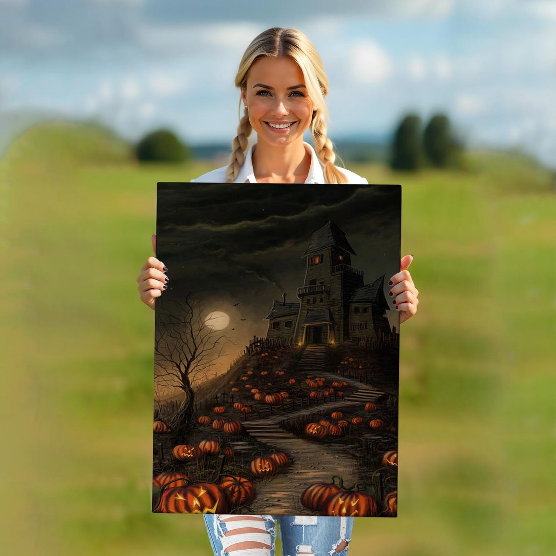 Haunted House On Hill Jack O Lanterns Halloween Night Spooky Wall Art - Image 5