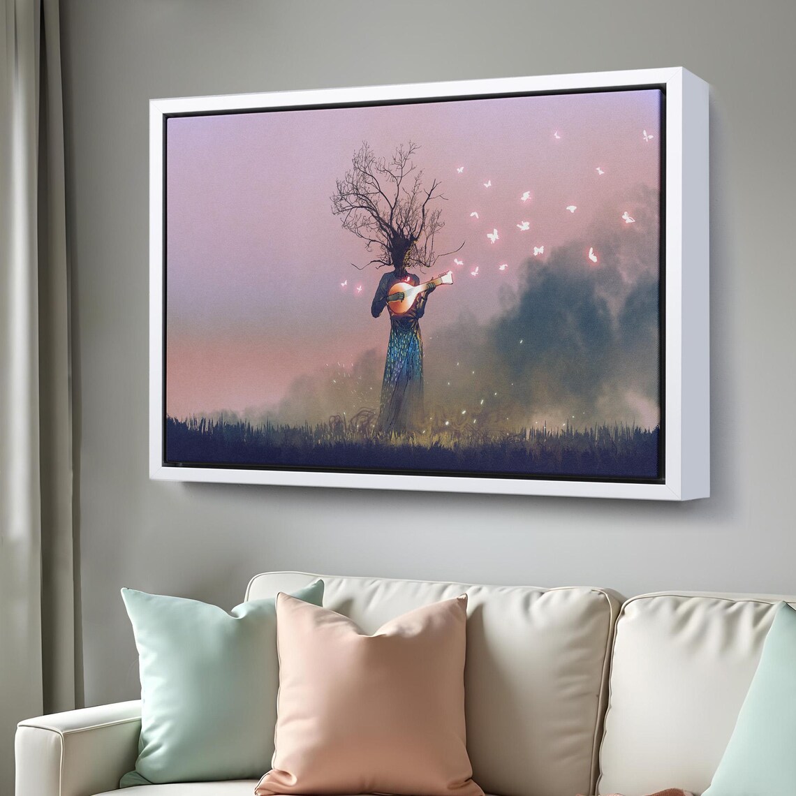 Surreal Tree Head Woman Playing Lute Butterflies Dreamy Fantasy Art Poster - Image 3