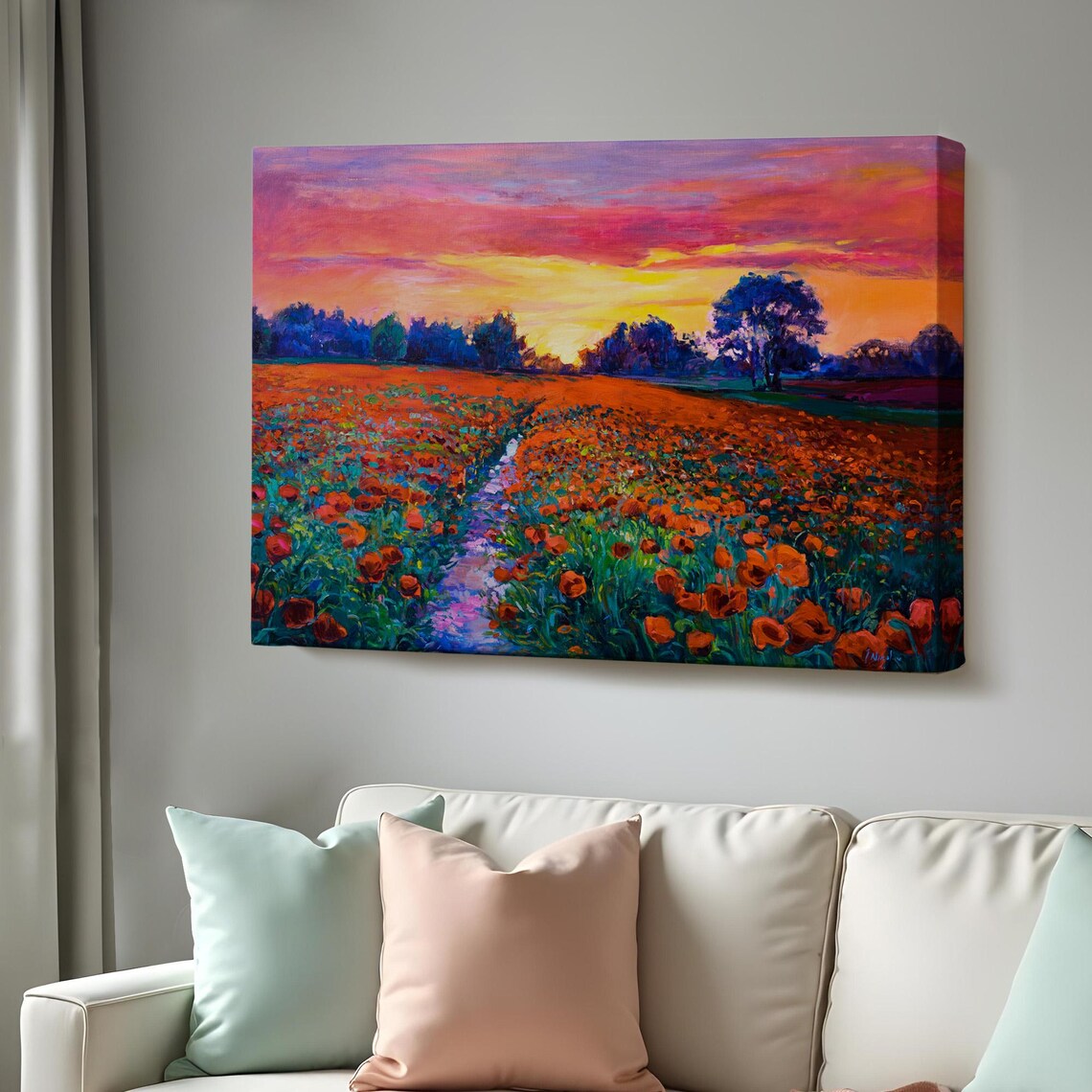 Red Poppy Field Sunset Path Vibrant Oil Painting Floral Wall Art
