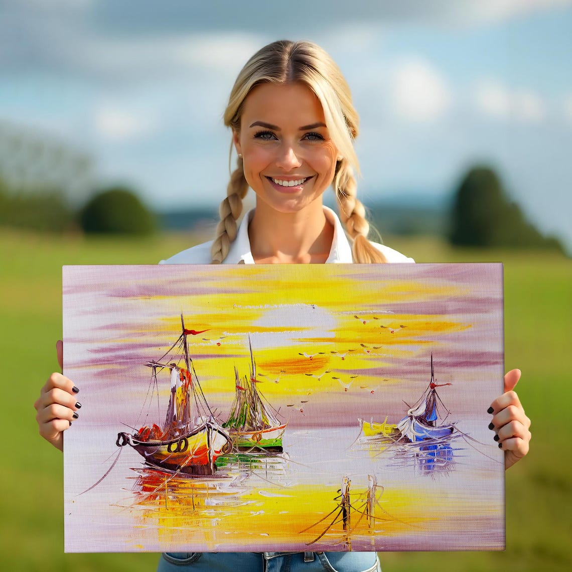 Sailboats Sunset Harbor Golden Sky Impressionist Seascape Poster - Image 5