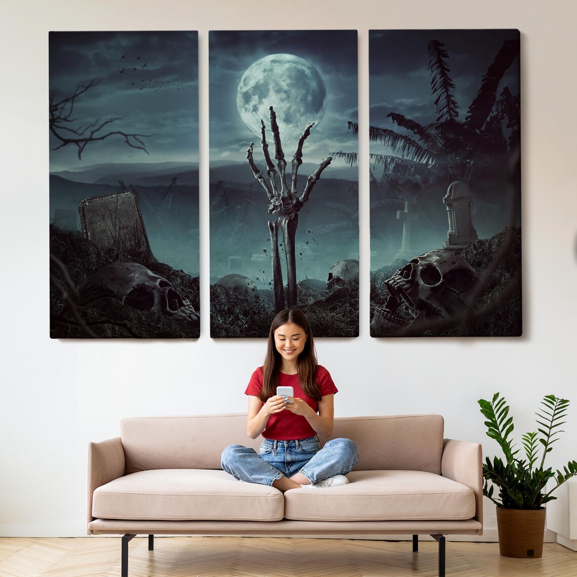 Skeleton Hand Graveyard Skulls Full Moon Dark Horror Night Wall Art Poster - Image 2