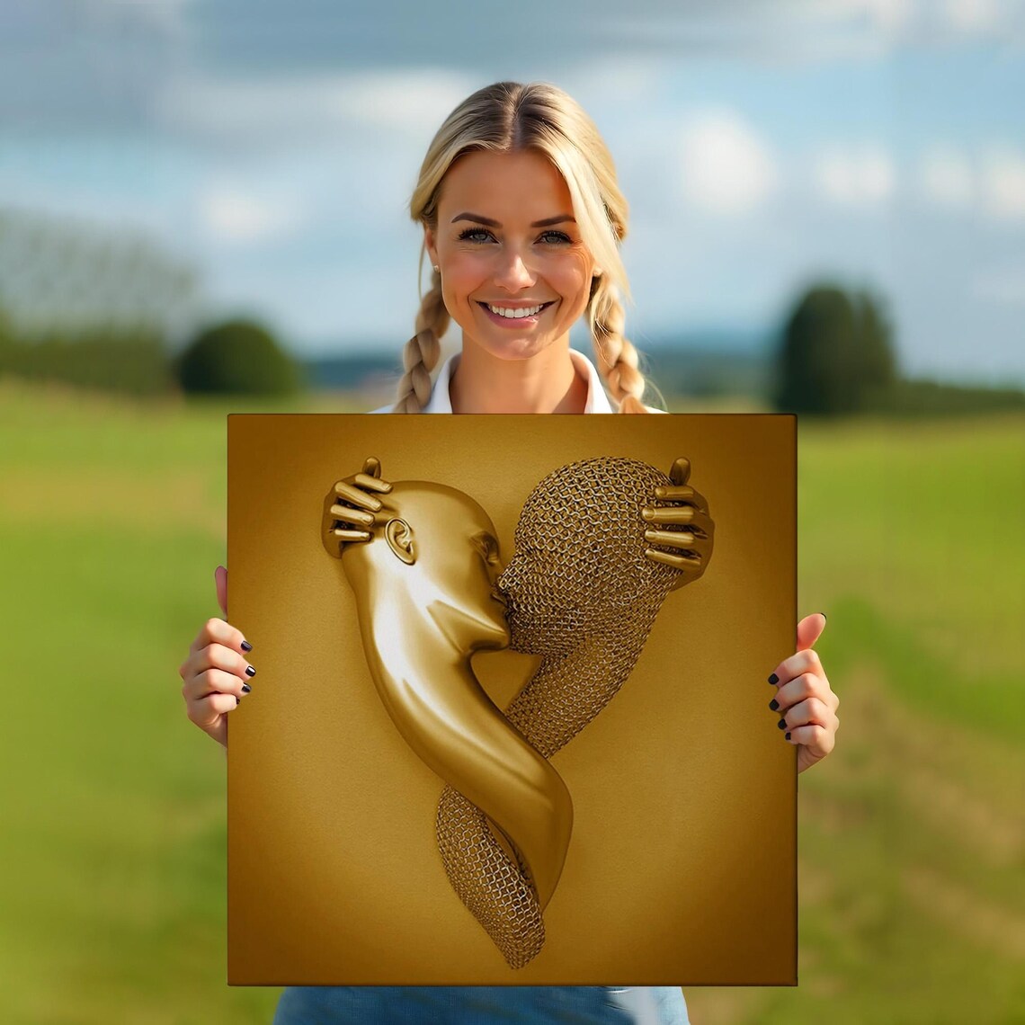 Golden Lovers Embrace 3D Effect Romantic Couple Love Art Poster - Image 5