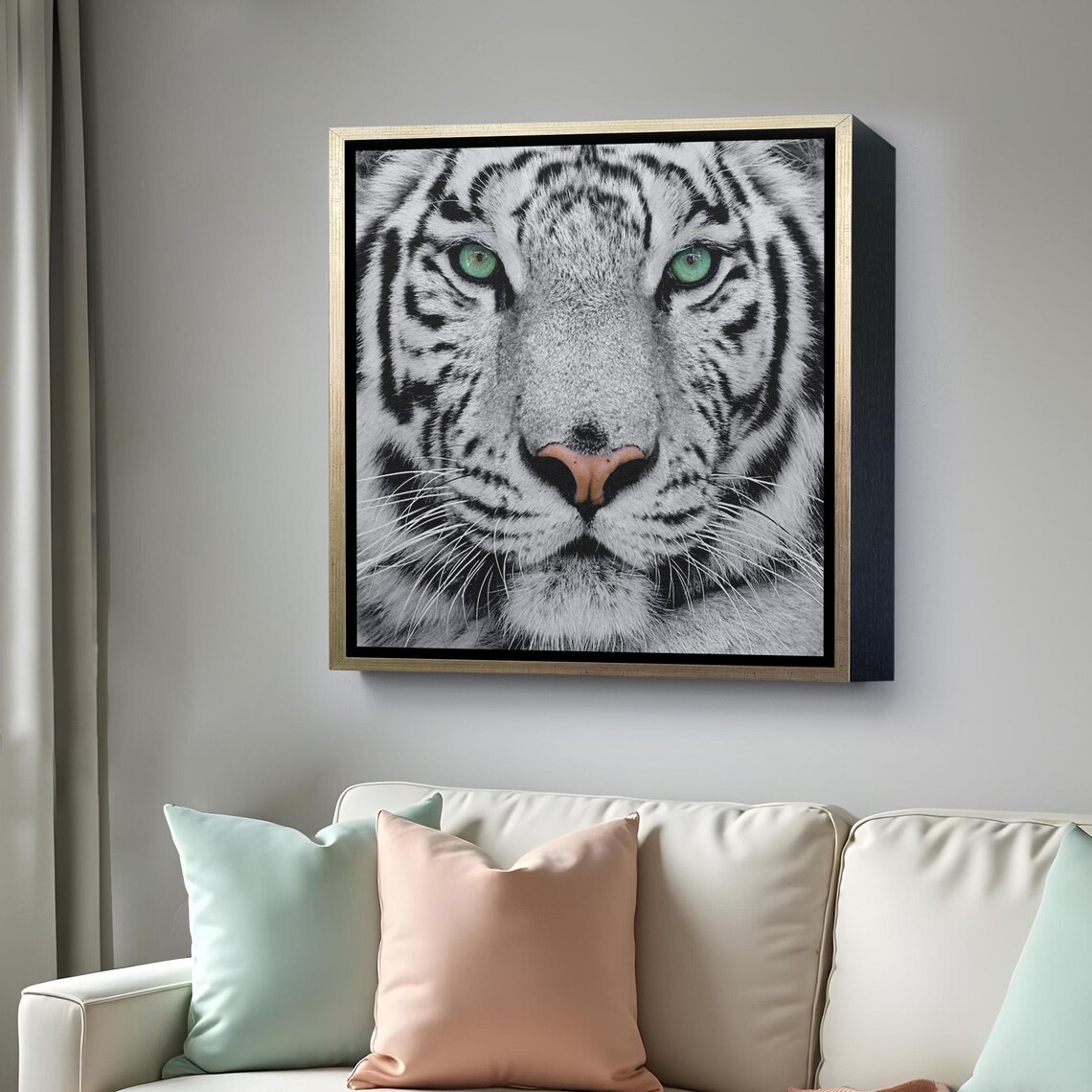 Majestic White Tiger Face Close Up Green Eyes Wildlife Photography Wall Poster - Image 4