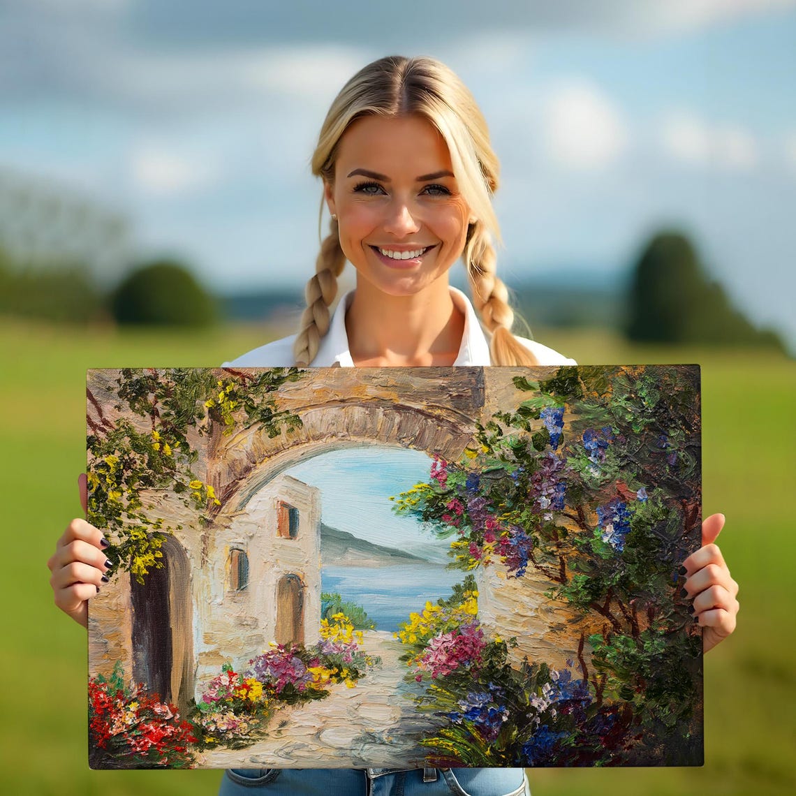 Mediterranean Stone Archway With Flowers Overlooking Sea View Poster - Image 5
