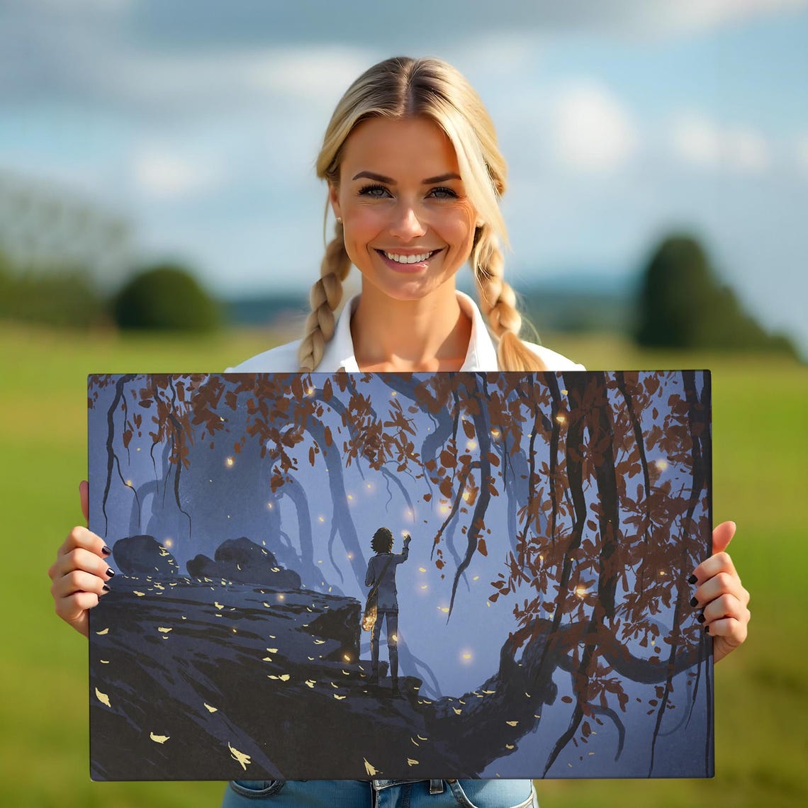 Girl On Giant Tree Branch Twilight Falling Leaves Fantasy Art Print - Image 5