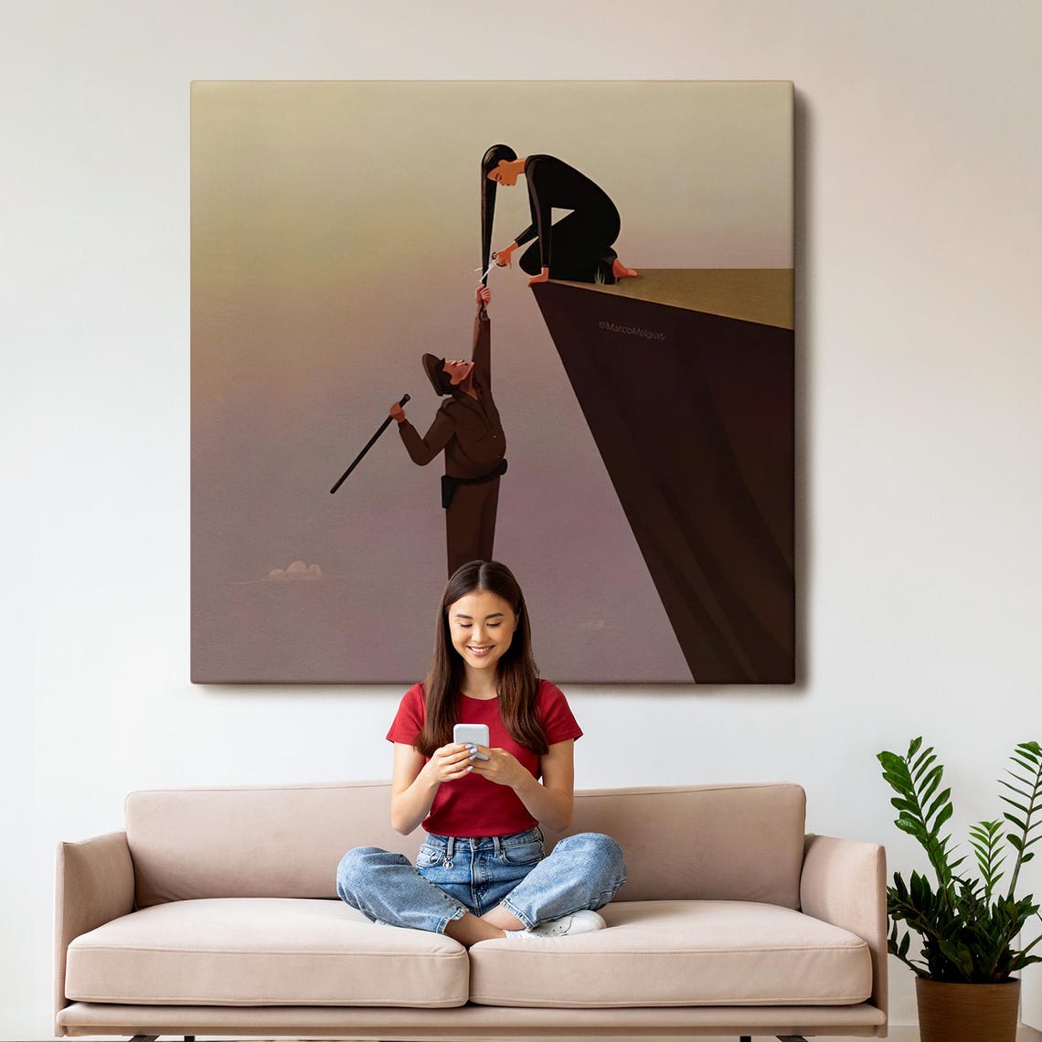 Woman Helping Man Climb Cliff Edge Conceptual Minimalist Art Poster - Image 3