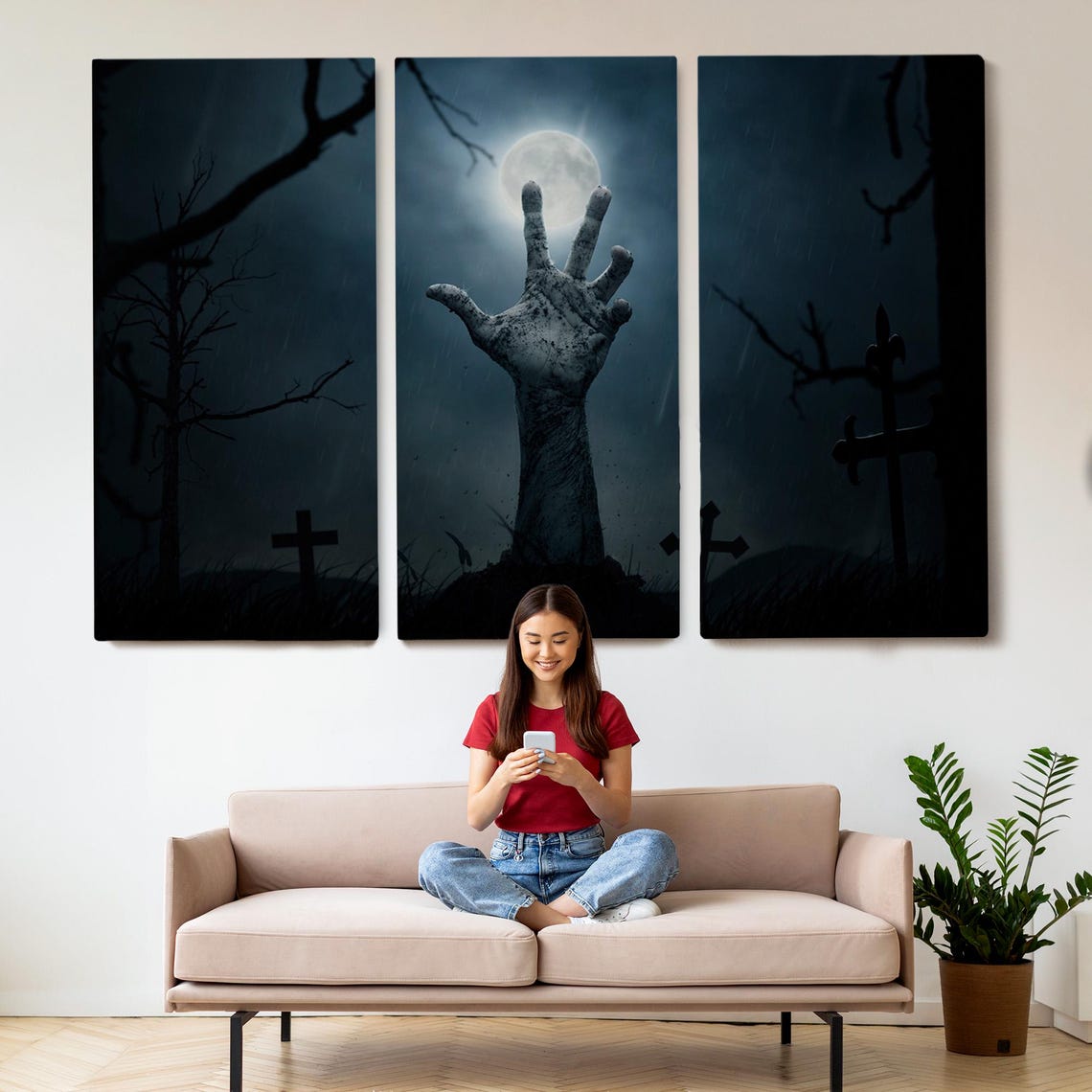Zombie Hand Rising From Grave Moonlit Cemetery Halloween Art Poster - Image 2