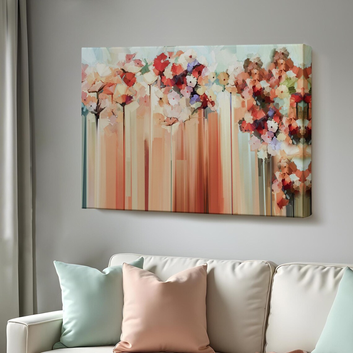 Abstract Coral Flowers Tall Stems Warm Modern Floral Art Poster