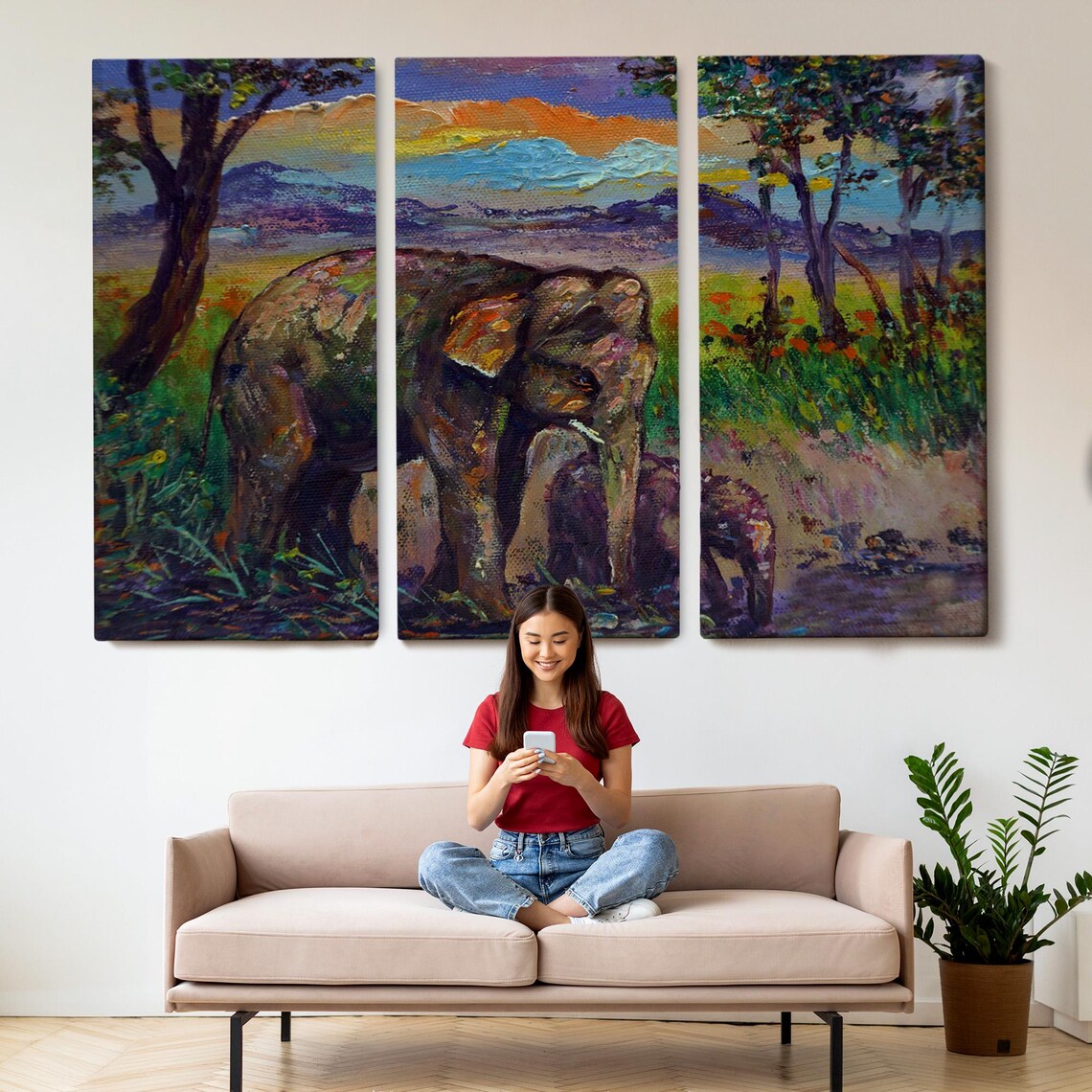 Mother And Baby Elephant Forest Sunset Colorful Wildlife Painting Poster - Image 2