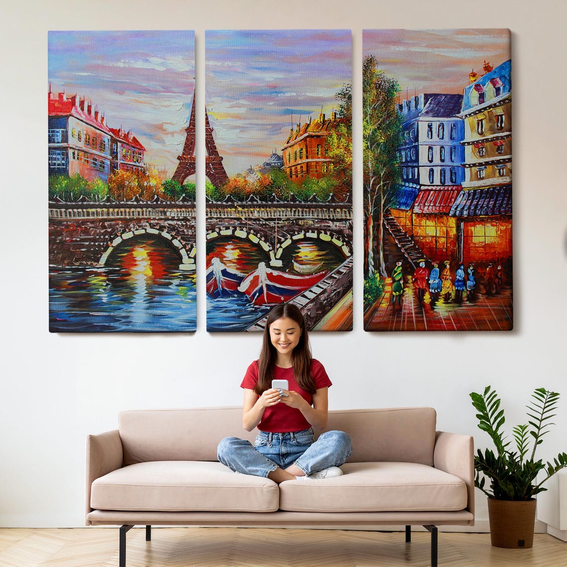 Paris France Eiffel Tower Sunset Seine Bridge Oil Painting Poster - Image 2