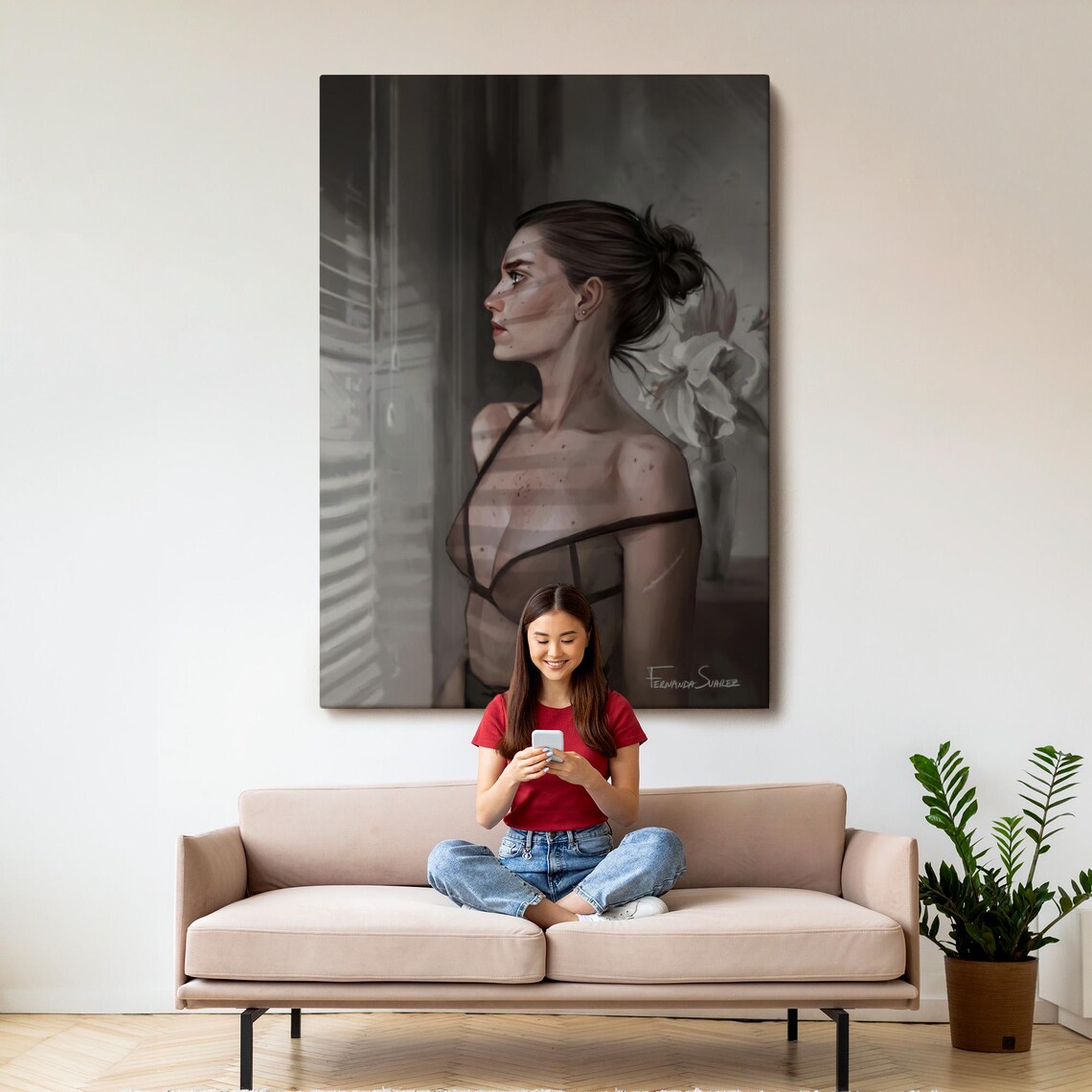 Moody Woman Portrait by Window Grayscale Elegant Fine Art Canvas Poster - Image 3