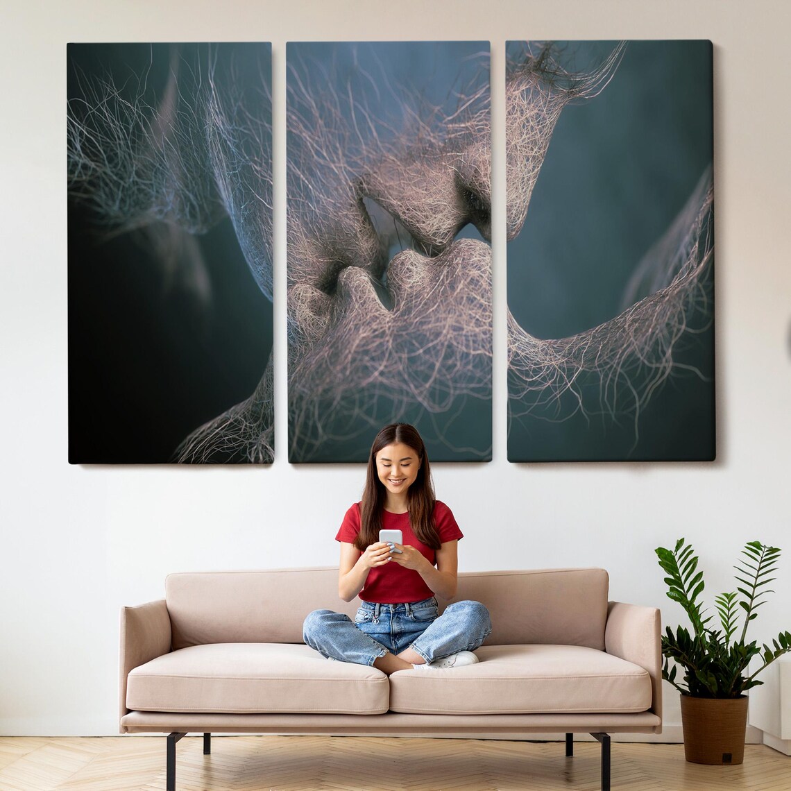 Lovers Faces Formed Of Fine Threads Romantic Couple Kiss Print - Image 2