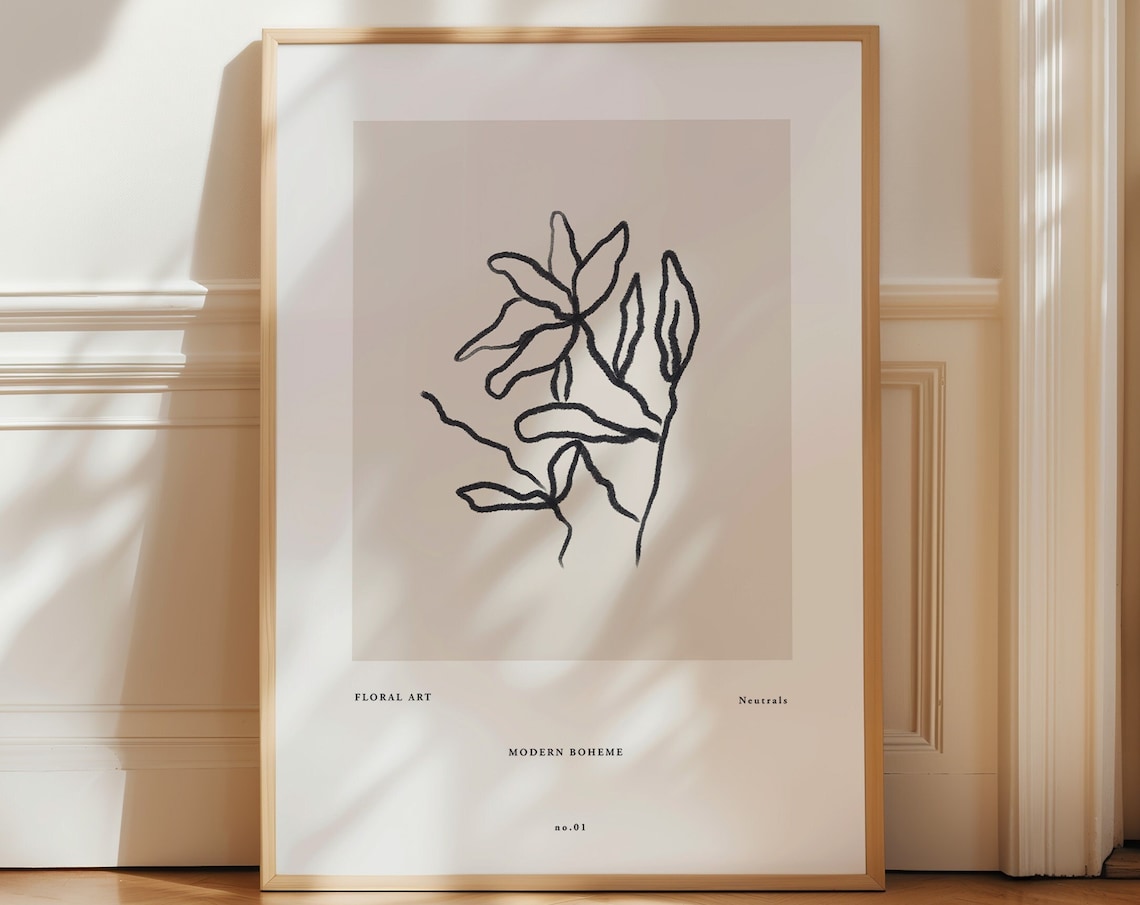 Black Line Botanical Sketch Floral Art Minimalist Neutral Tone Poster