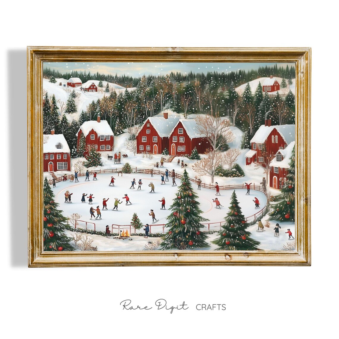 Ice Skaters On Frozen Pond By Red Houses And Christmas Trees Poster