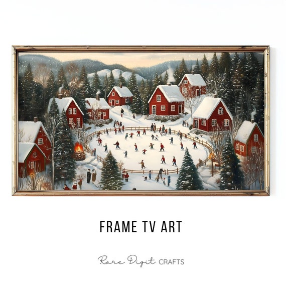 Christmas Town Frame Tv Art Snowy Winter Village Frame Tv Cute Winter Town Wallpaper Instant