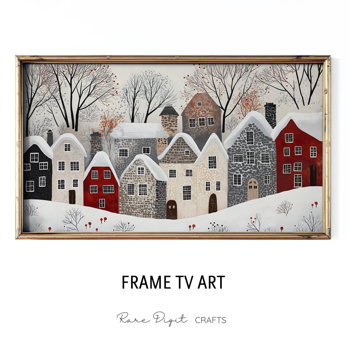 Minimalist Snowy Village Houses In Red Black And Cream Winter Poster