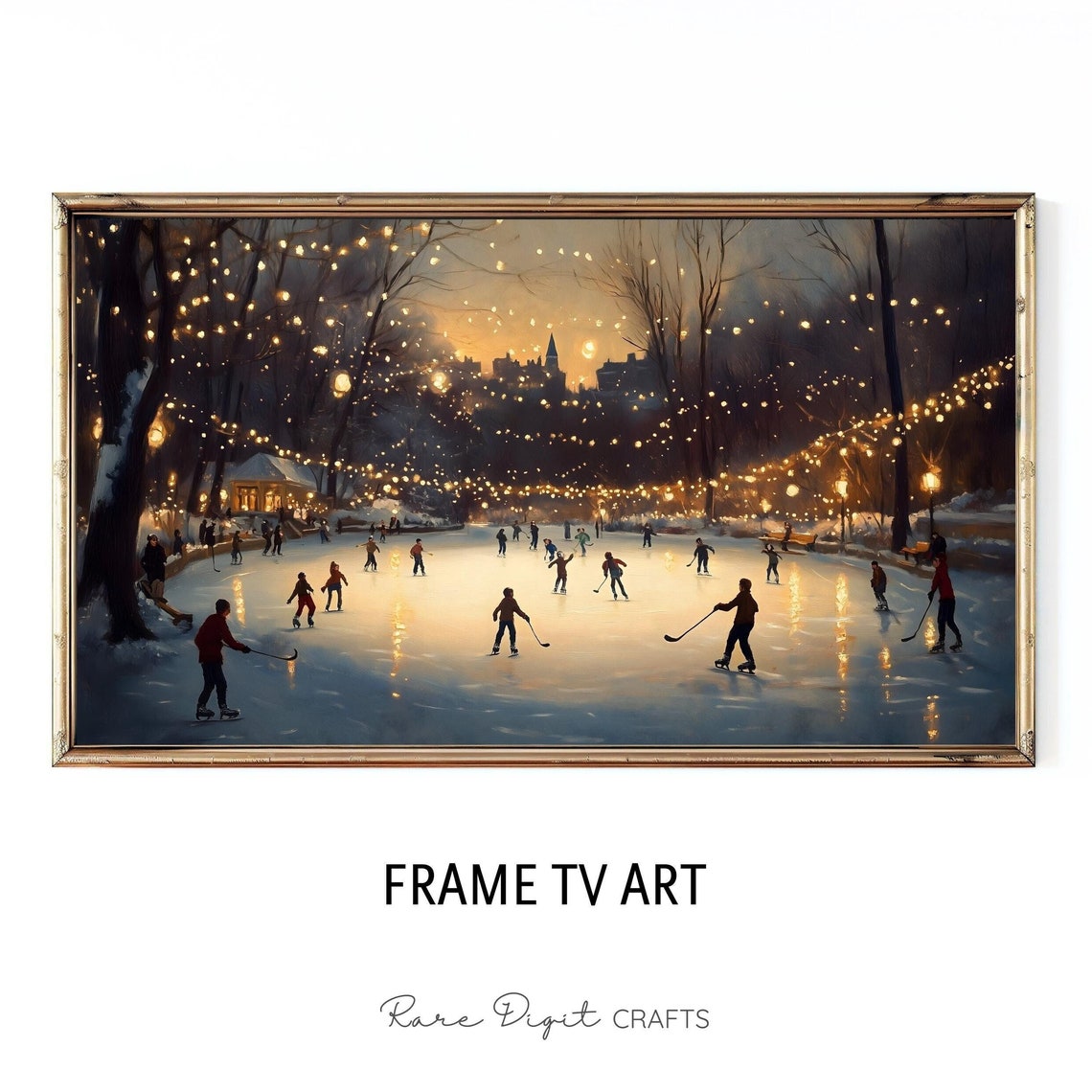 Ice Skaters On Rink Under Glowing String Lights At Night Winter Poster