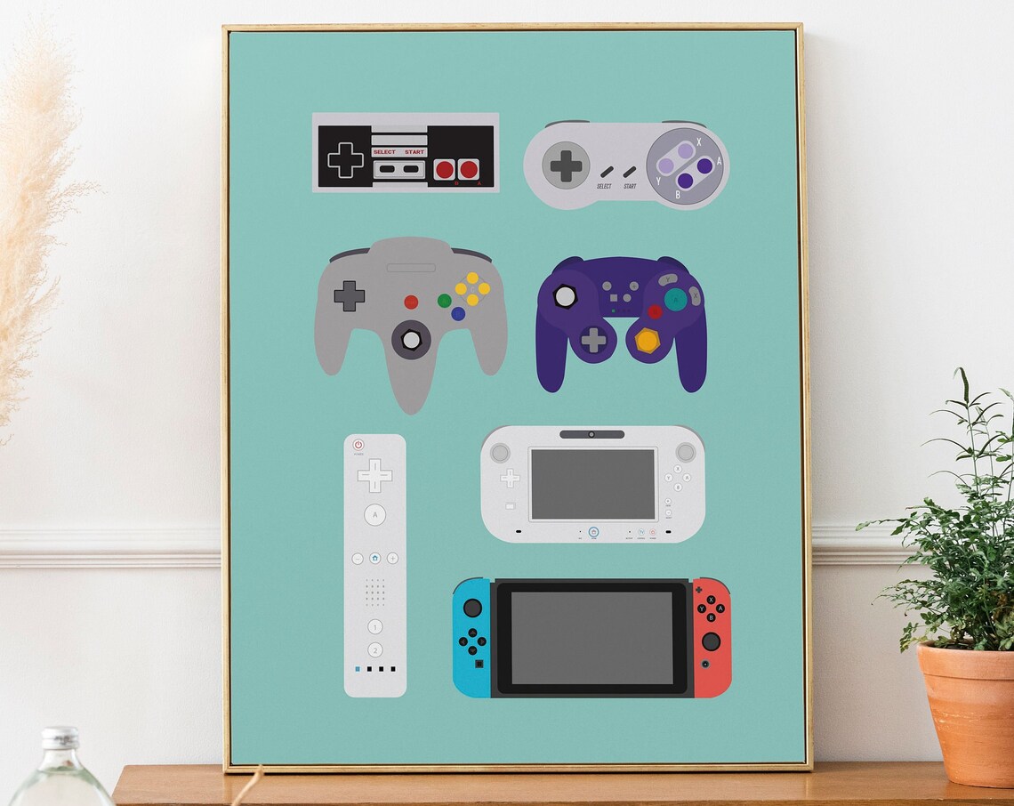Video Game Controllers Retro Game Room Art Print