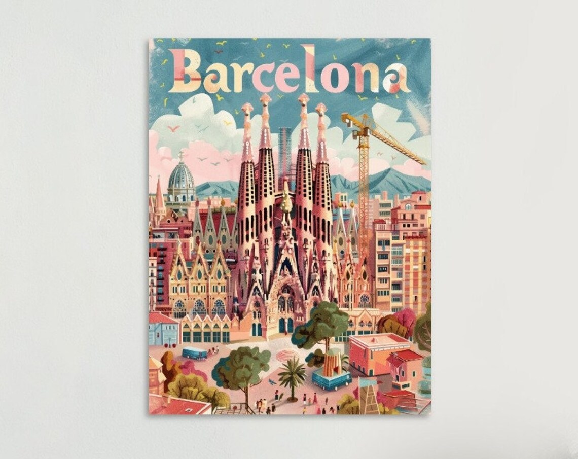 Barcelona Sagrada Familia Cathedral Pastel Vintage Spain Travel Poster