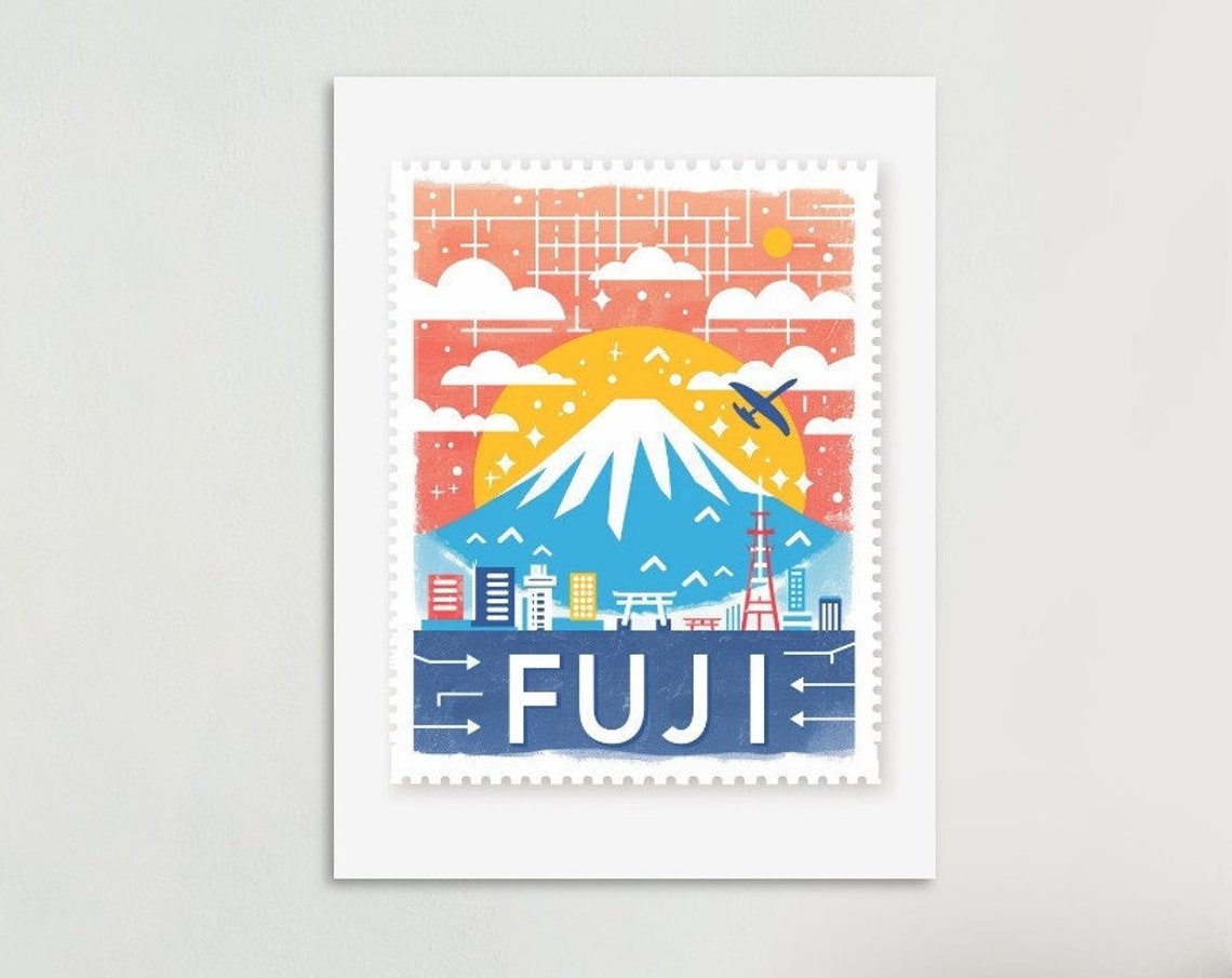 Mount Fuji Japan Sunrise City Vintage Travel Stamp Art Poster