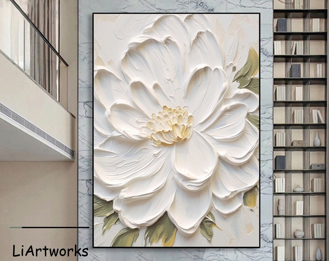 Large White 3D Peony With Cream Center And Green Leaves Poster