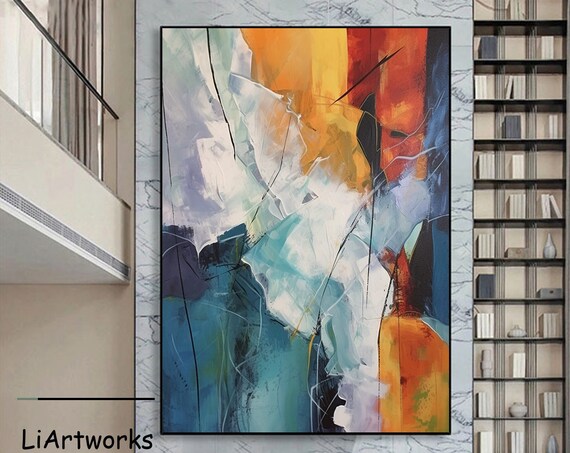 Large Original Abstract Painting Bule White And Orange Abstract Wall Art Modern Abstract Painting Contemporary Art Office Wall Decoration