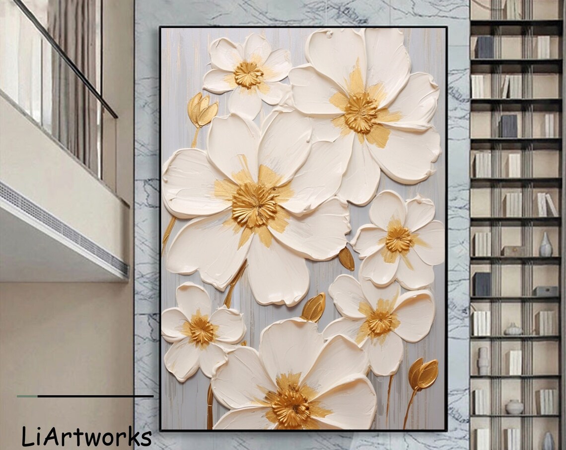 Cluster Of White Flowers With Gold Centers Textured Art Poster