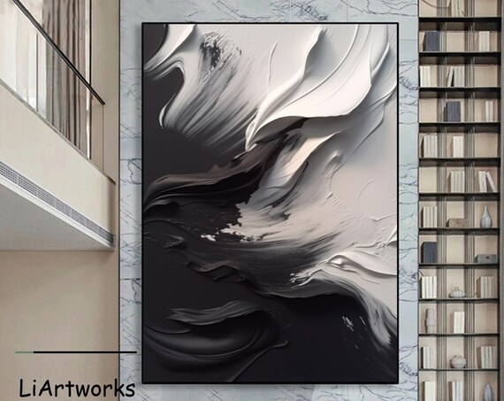 Black And White Textured Painting On Large Abstract Wall Art Modern Black And White Abstract Painting Minimalist Art Home Wall Decor