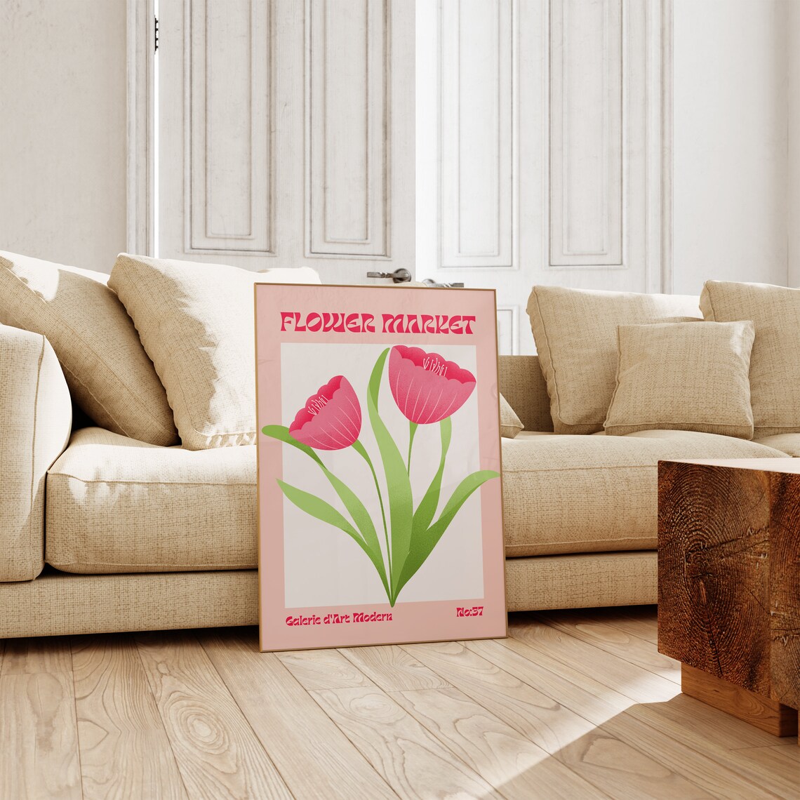 Flower Market No 37 Coral Pink Tulips Blush Retro Floral Poster - Image 3