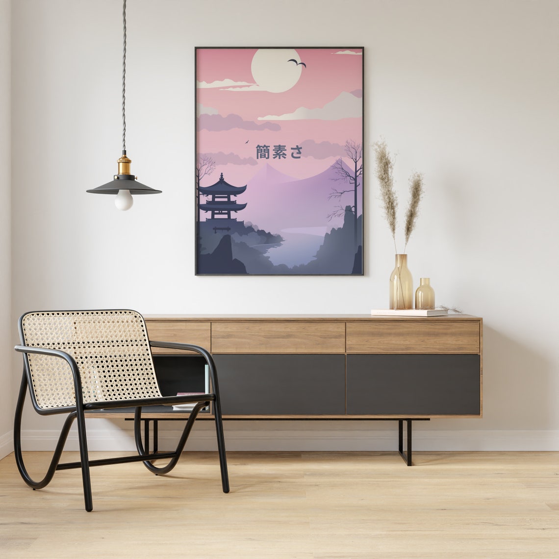 Japanese Pagoda Sunset Pink Sky Mountain Temple Silhouette Poster - Image 3