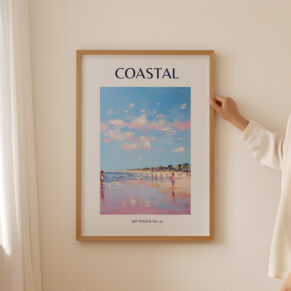 Coastal Blue Sky Beachgoers Pink Sand View Art Poster No. 24