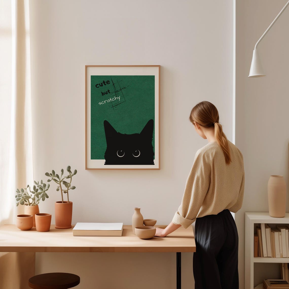 Cute but Scratchy Black Cat Peeking Around on Green Funny Poster - Image 2