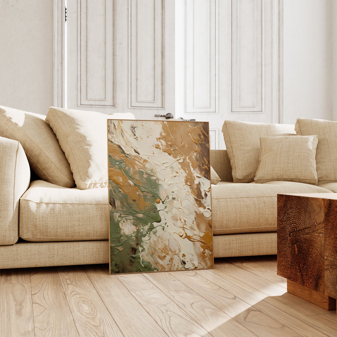Jackson Pollock Style Sage Green Caramel Flow Abstract Art Poster - Image 5