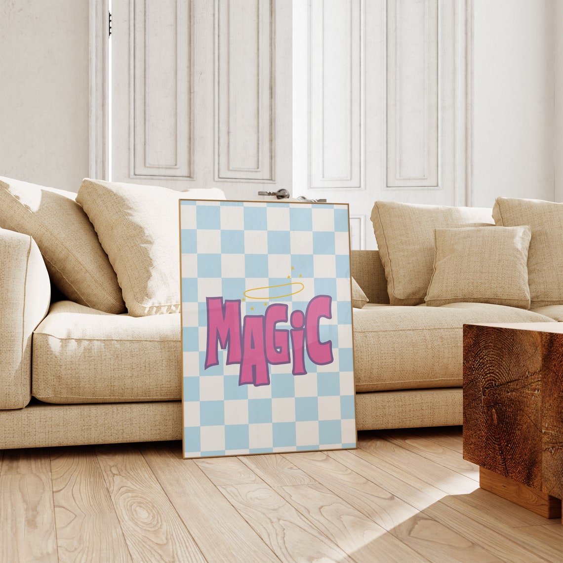 Magic Pink Bubble Letter Blue Checkerboard Y2K Style Art Poster - Image 3