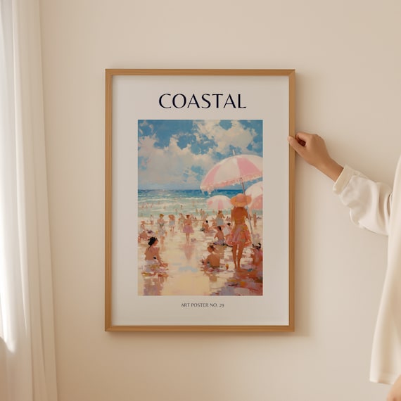 Coastal Woman Sun Hat Pink Striped Umbrella Art Poster No. 29