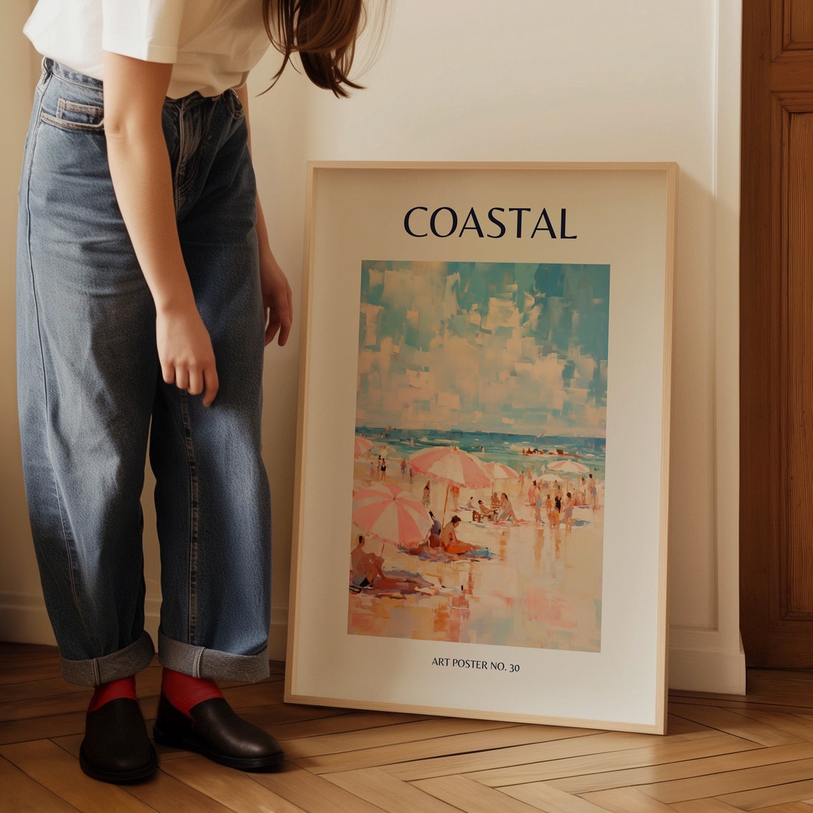 Coastal Pink Striped Umbrellas Impressionist Art Poster No. 30 - Image 3