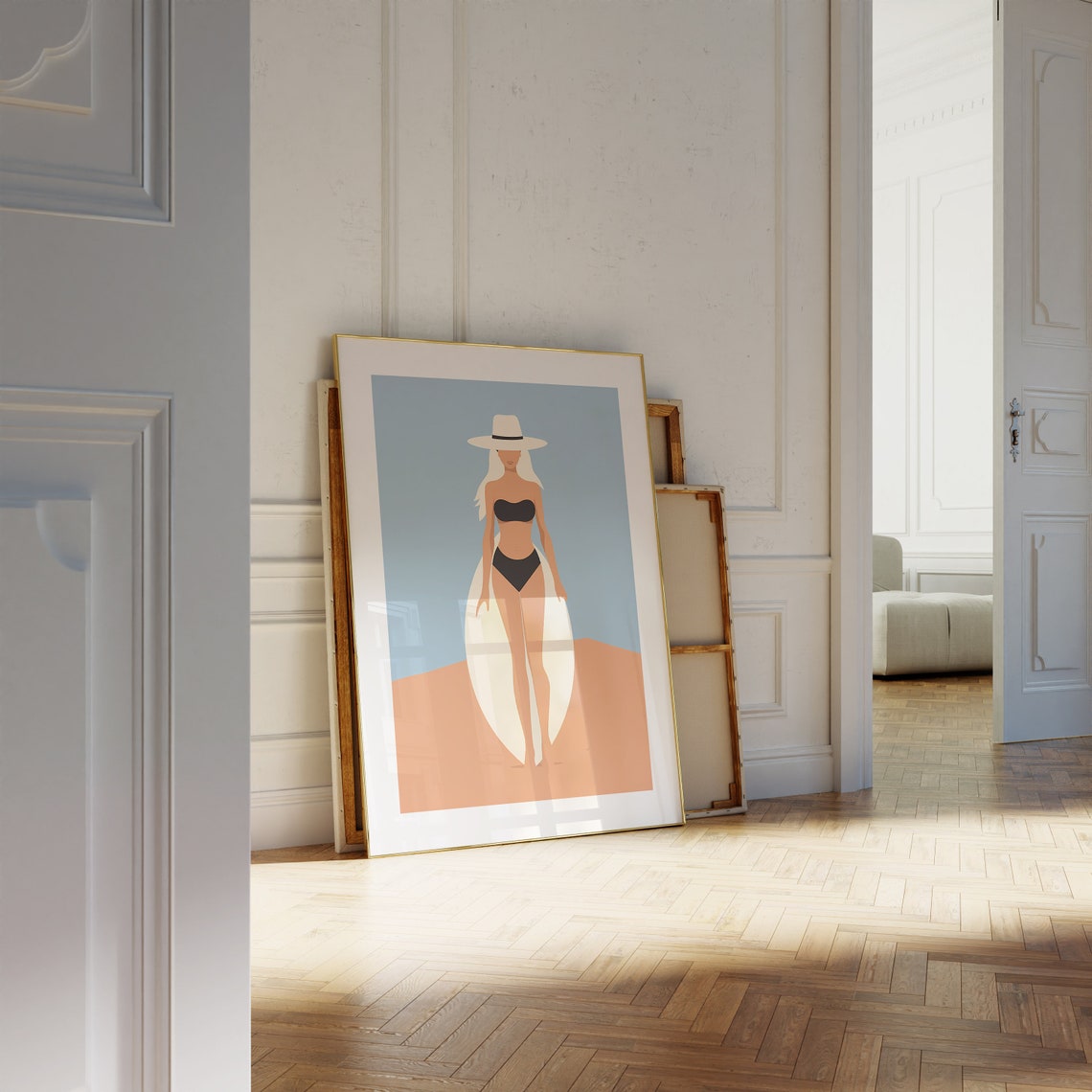 Minimalist Surfer Girl White Surfboard Terracotta Art Poster - Image 3