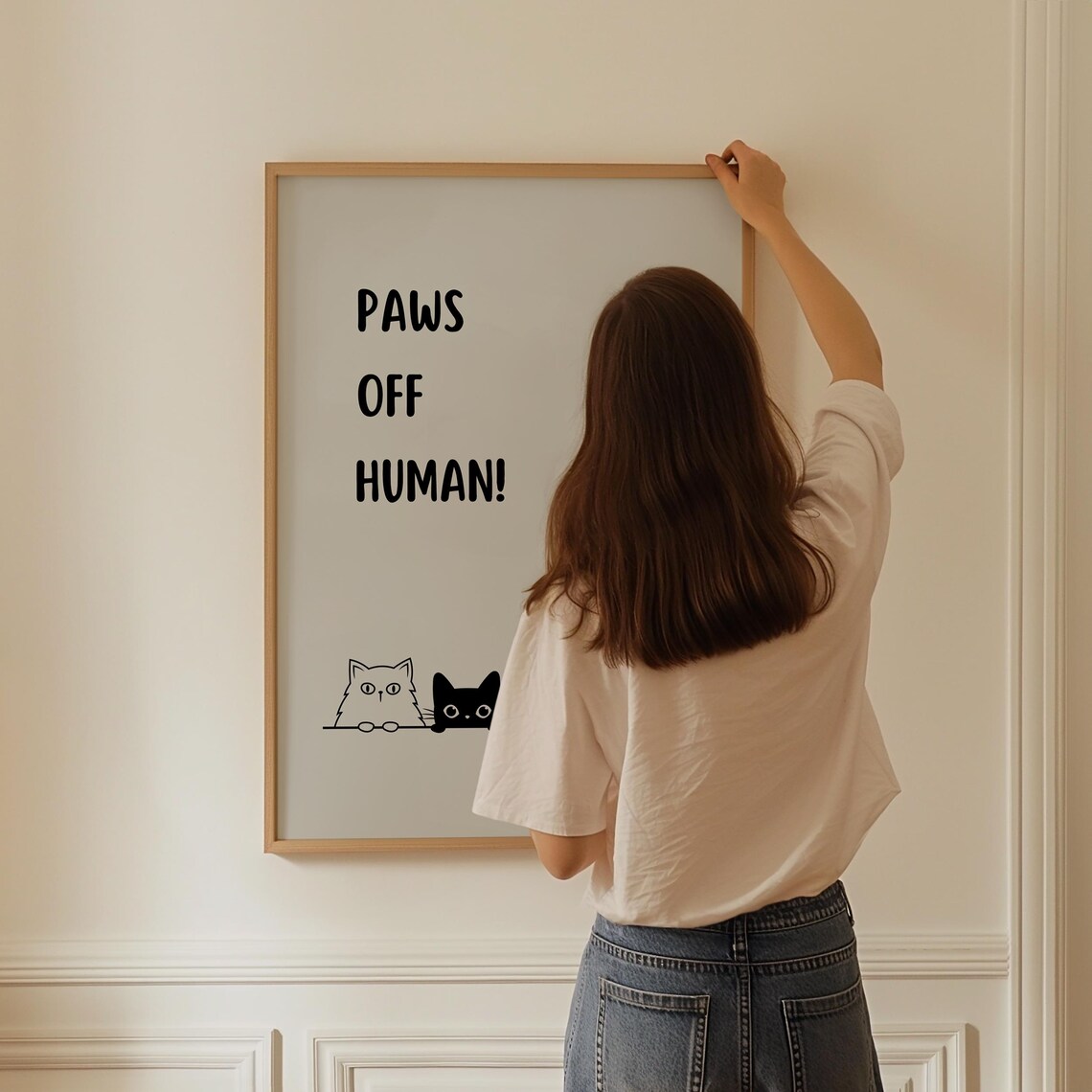 Paws Off Human Four Peeking Cats Funny Cartoon Quote Art Poster - Image 3