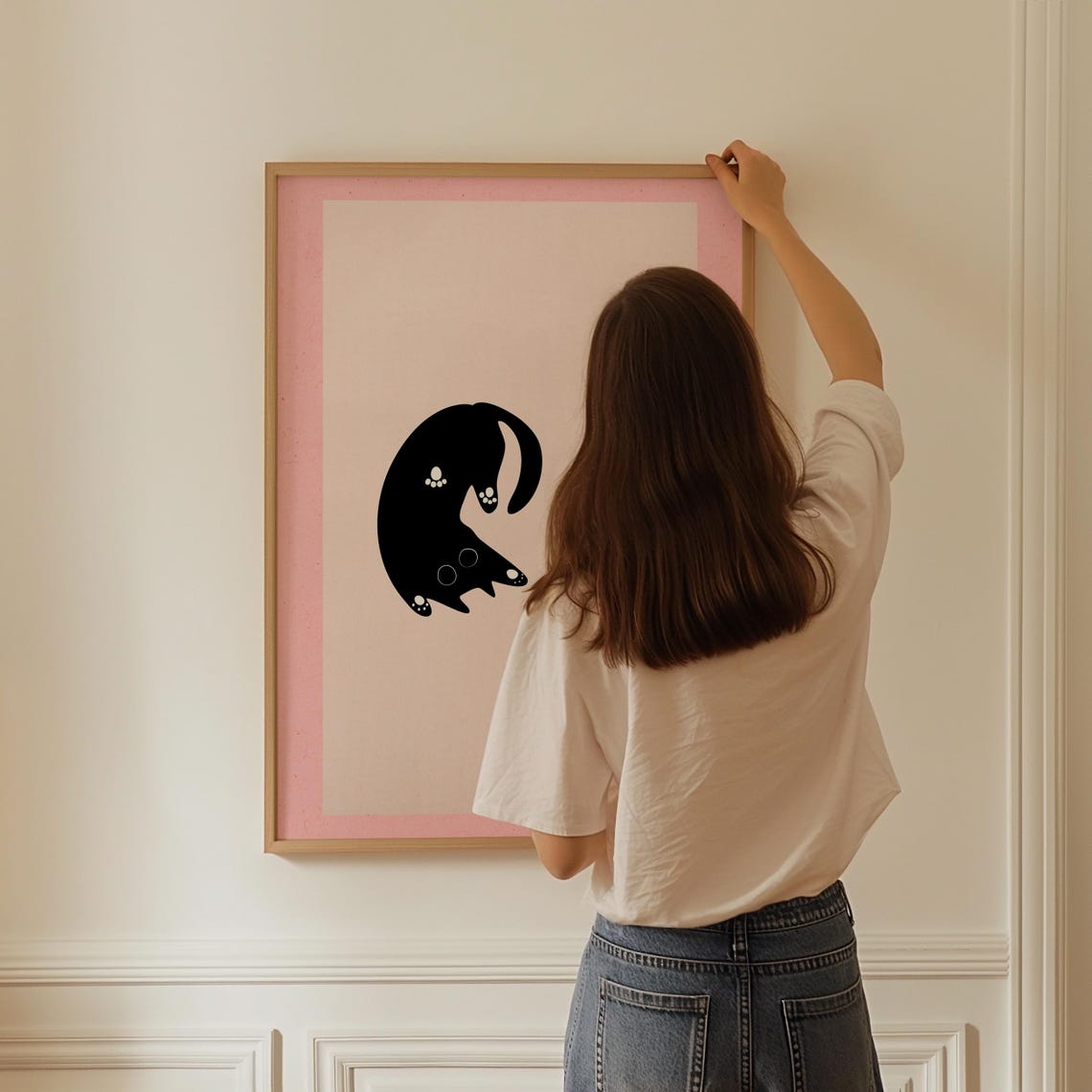 Curious Black Cat Reaching for a Green Leaf Pink Minimalist Poster - Image 3